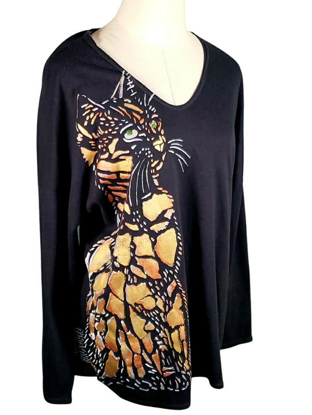 Hand Painted Bronze Cat Rheinstone Green Graphic Long sleeve Top Cat Lady XL
